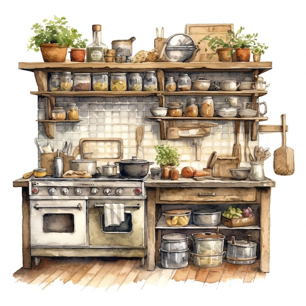 A watercolor painting of a kitchen with pots and pans on the shelves.