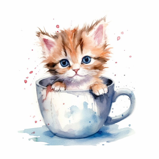 A watercolor painting of a kitten in a cup