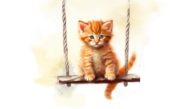 A watercolor painting of a kitten on a swing.