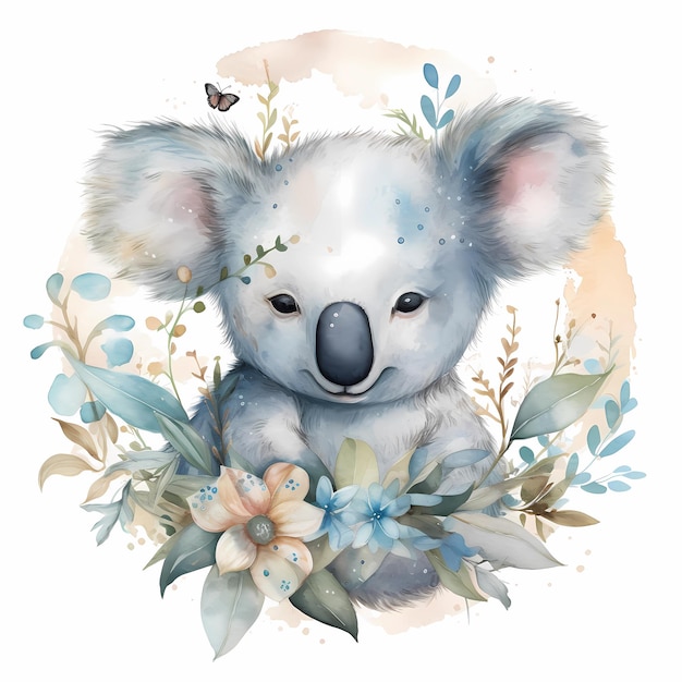 A watercolor painting of a koala bear with a butterfly on it