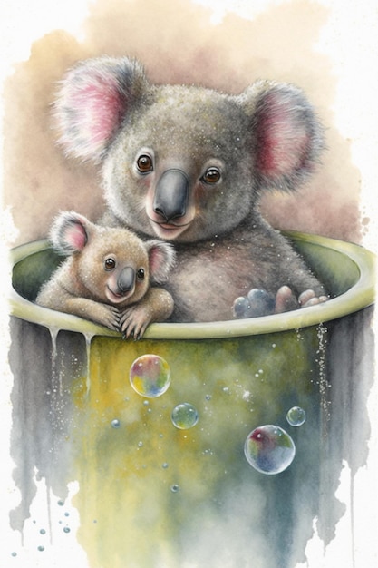 A watercolor painting of a koala and her baby.