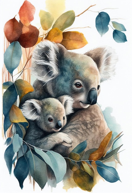 A watercolor painting of a koala and her baby