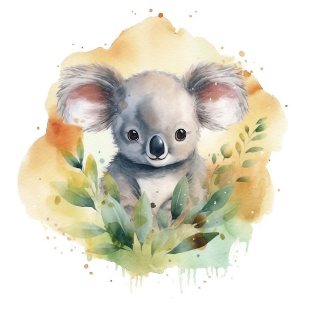 Watercolor painting of a koala in leaves