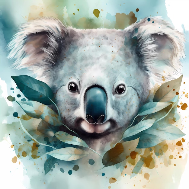 A watercolor painting of a koala with leaves on it.