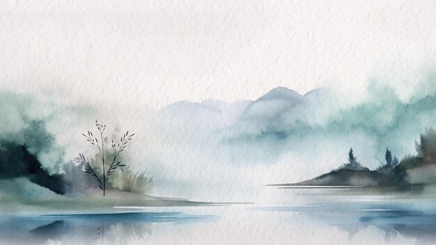 Watercolor painting of a lake with mountains in the background