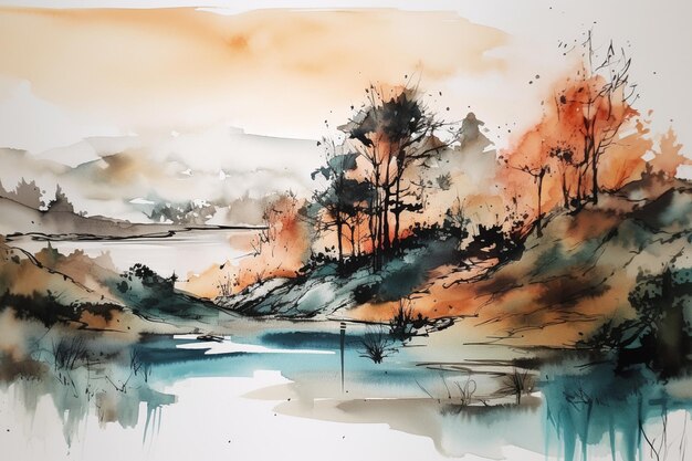 A watercolor painting of a lake with trees and a cloudy sky.