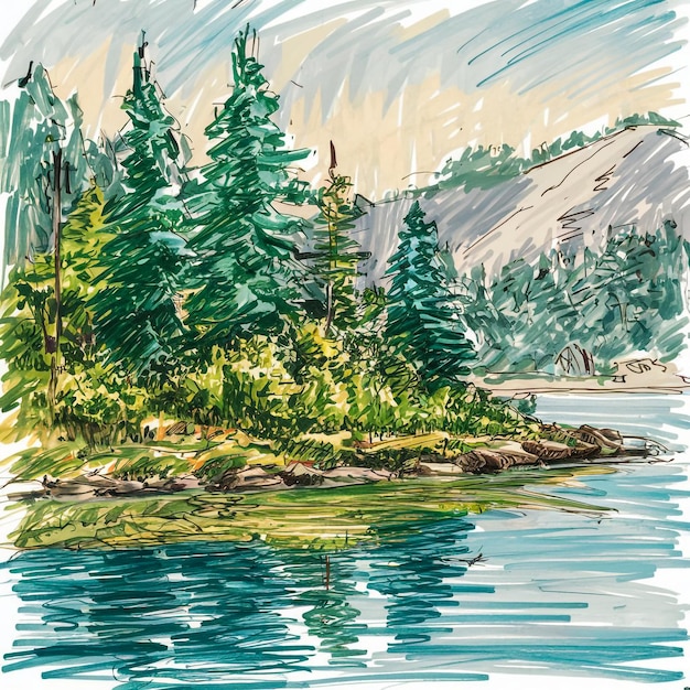 a watercolor painting of a lake with trees and mountains in the background