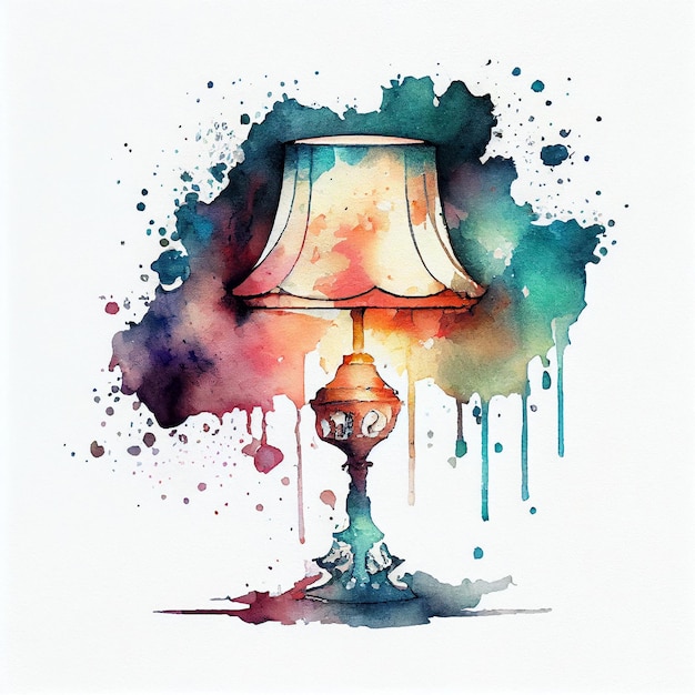 A watercolor painting of a lamp with a colorful shade.