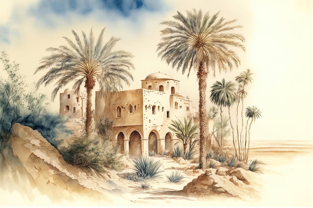 Watercolor painting, a landscape of the Arabian Peninsula in the past, for houses, palm trees