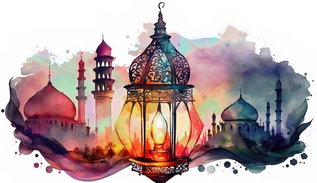 Watercolor painting of a lantern and mosque