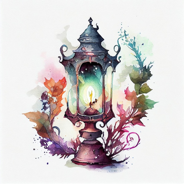 A watercolor painting of a lantern with a flame on it.