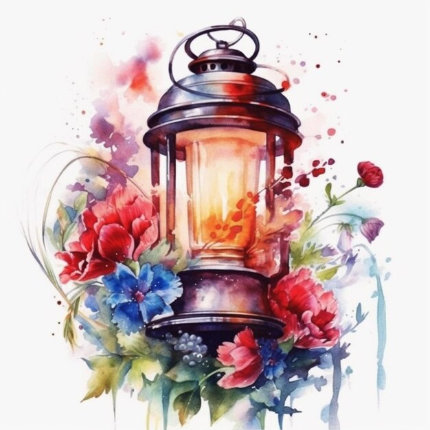 A watercolor painting of a lantern with flowers and leaves generative ai