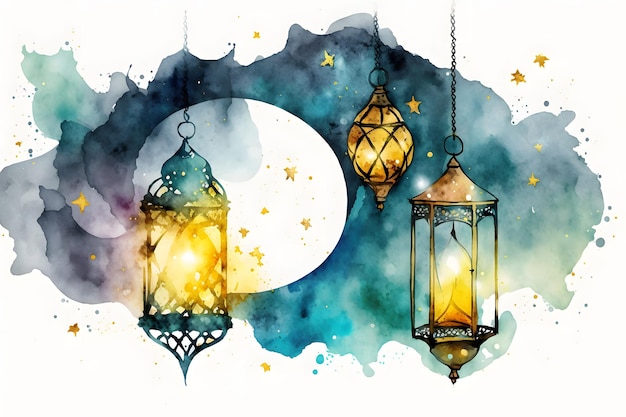 Watercolor painting of a lantern with a moon and stars