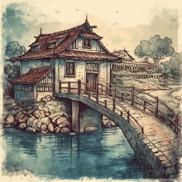 Watercolor painting of a large ancient house