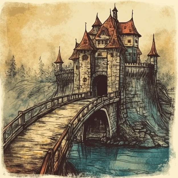 Watercolor painting of a large castle