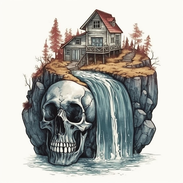 Watercolor painting of a large skullshaped house