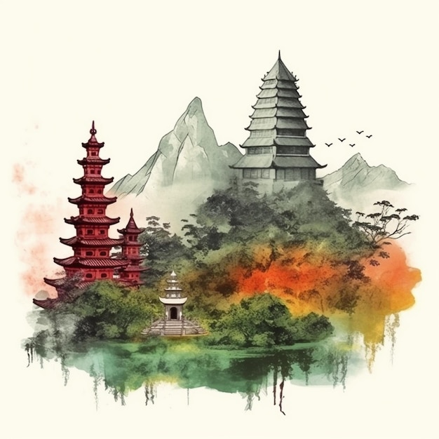 Watercolor painting of a large temple