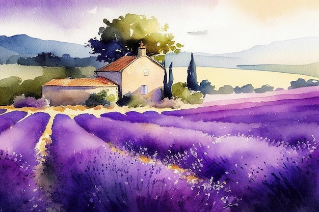 A watercolor painting of a lavender field with a house in the background