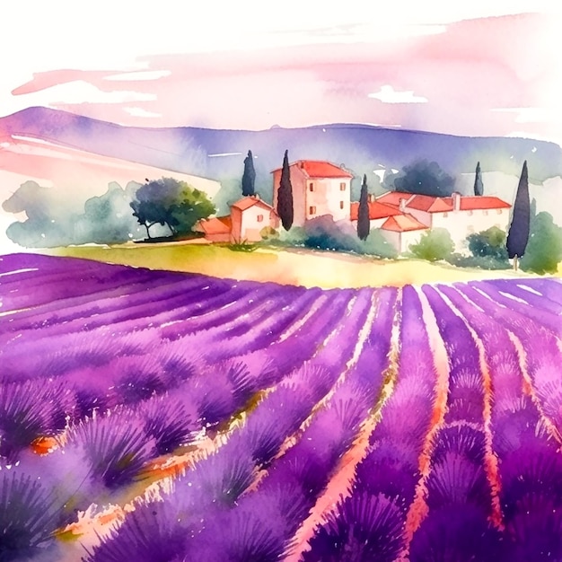 Watercolor painting of a lavender field with a house in the background