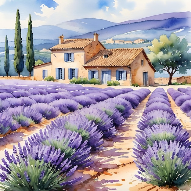 Watercolor painting of a lavender field with a house in the distance