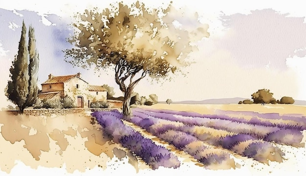 A watercolor painting of a lavender field