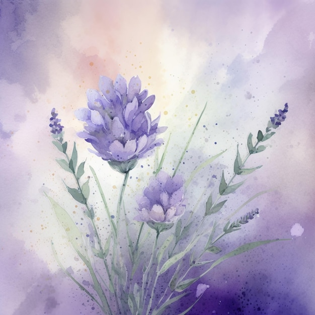A watercolor painting of lavender flowers with a purple background.