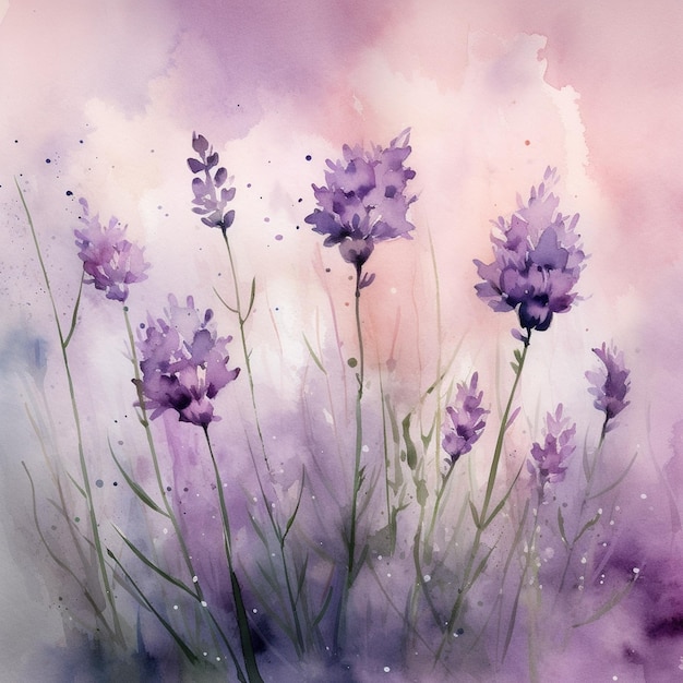 A watercolor painting of lavender flowers with purple paint.