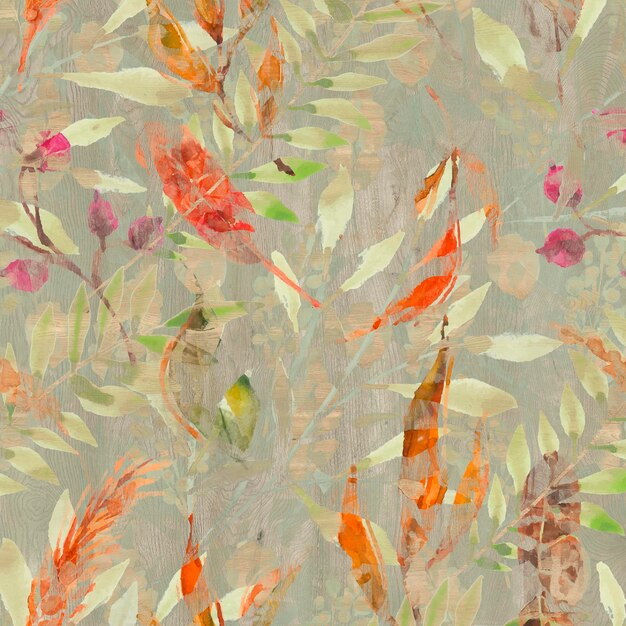 Watercolor painting of leaf and flowers seamless pattern background