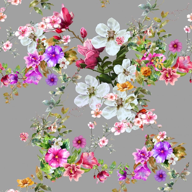 Pittura dell'acquerello della foglia e dei fiori, modello senza cuciture su fondo grigio