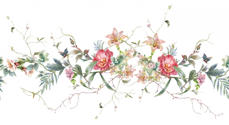 Photo 葉と花、白い背景の上のシームレスなパターンの水彩画