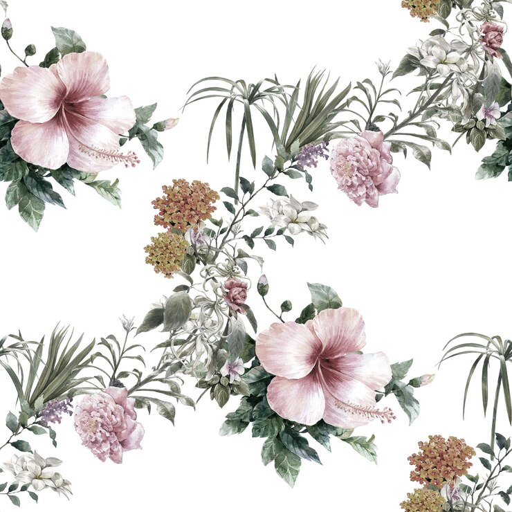 Photo 白い背景の葉と花のシームレスパターンの水彩画