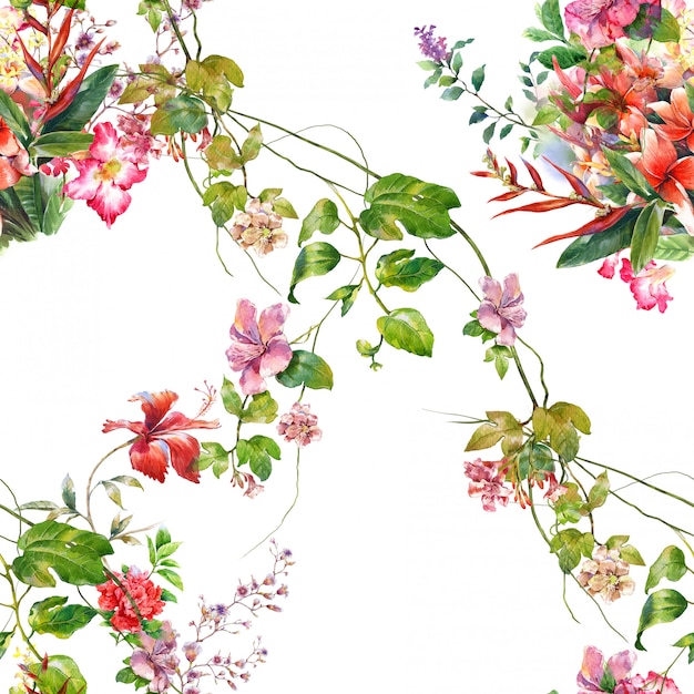 화이트에 잎과 꽃 원활한 패턴의 수채화 그림
