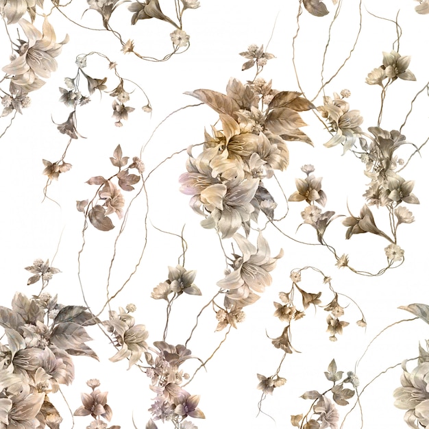 watercolor painting of leaf and flowers, seamless pattern on white