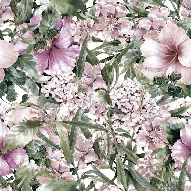 白の葉と花のシームレスパターンの水彩画