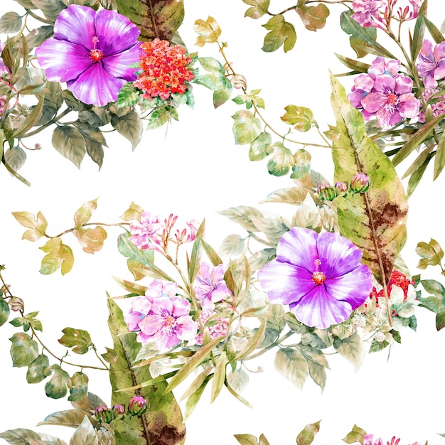 Watercolor painting of leaf and flowers, seamless pattern