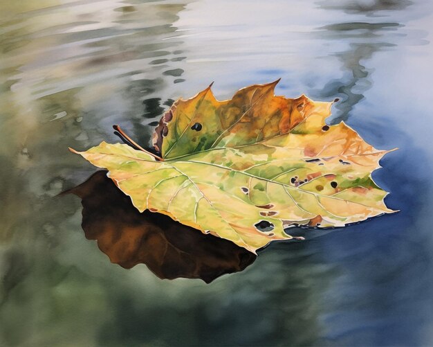 Photo a watercolor painting of a leaf in the water