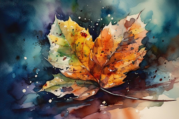 A watercolor painting of a leaf with the word autumn on it.