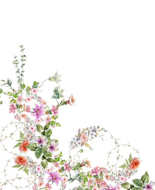 Foto pittura ad acquerello di foglie e fiori su bianco