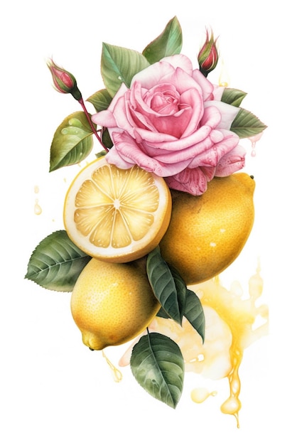 A watercolor painting of lemons and roses