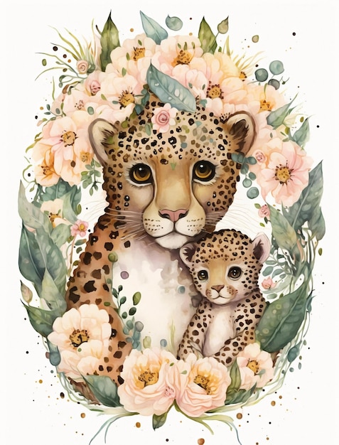 A watercolor painting of a leopard and her cub