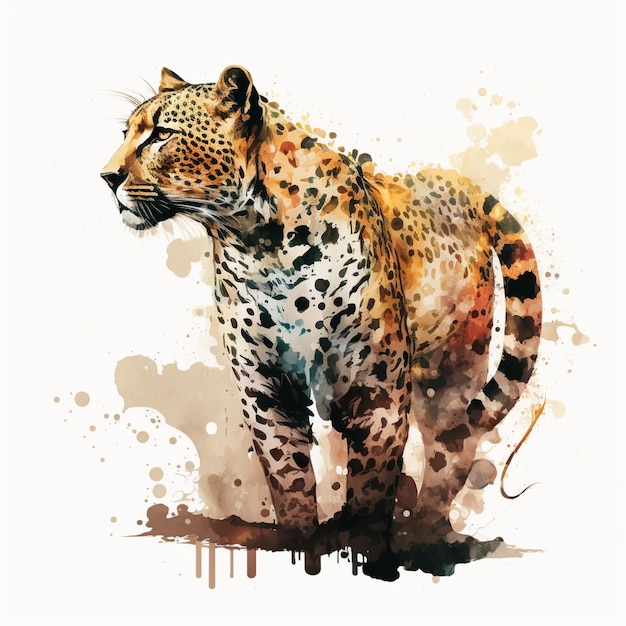 A watercolor painting of a leopard with a big orange eye.