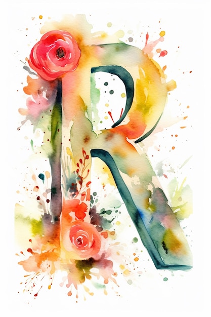 A watercolor painting of a letter r with flowers painted on it.