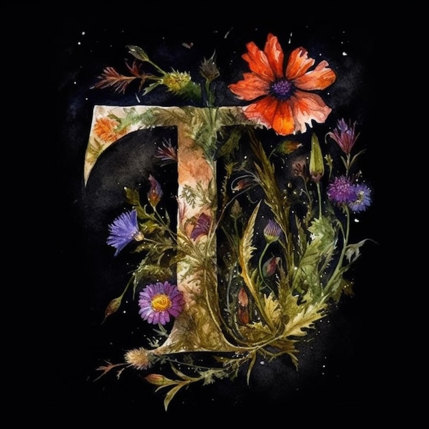 A watercolor painting of a letter t with flowers and leaves.