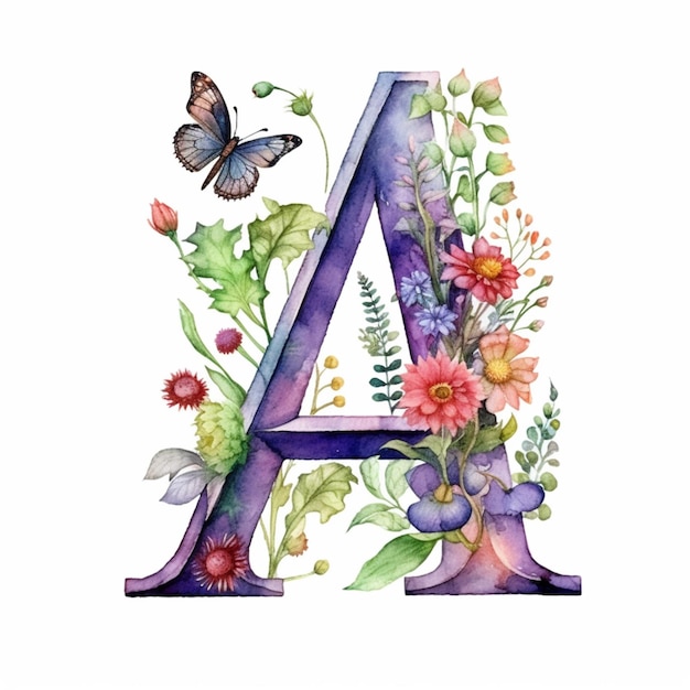 Акварельная картина буквы с цветами и бабочками, генеративный ai