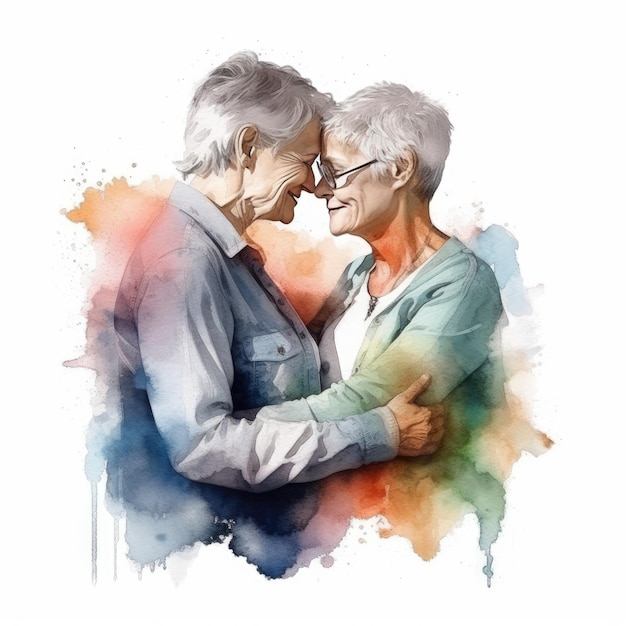 Акварельная картина ЛГБТ-двойки в возрасте шестидесяти лет