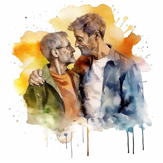 Watercolor painting of an LGBT couple aged fifty