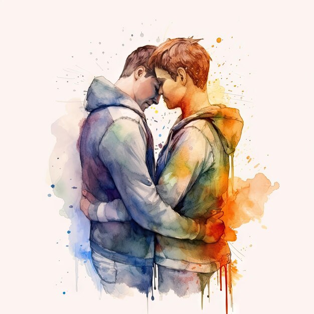 Watercolor painting of LGBT couple aged thirty