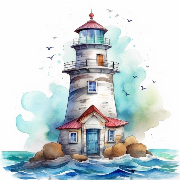 A watercolor painting of a lighthouse with a red roof