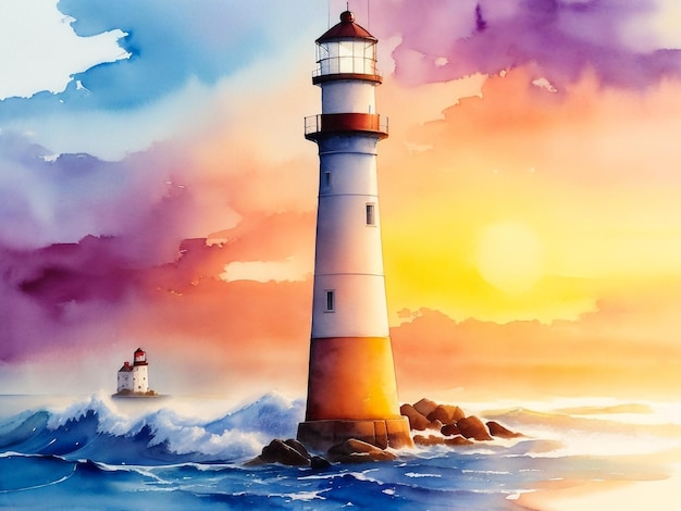 Watercolor painting of a lighthouse