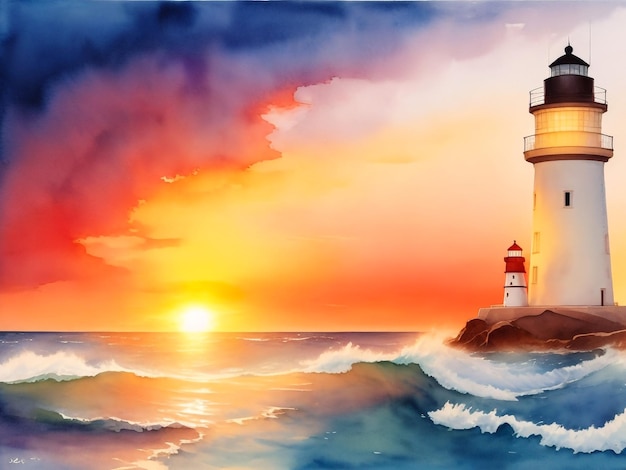 Watercolor painting of a lighthouse